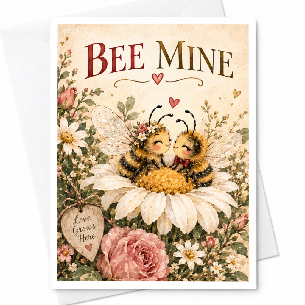 Bee Mine Valentines Day Card Cute Bee Illustration Romantic Greeting Card For Her Love Card Floral Sweet C9254