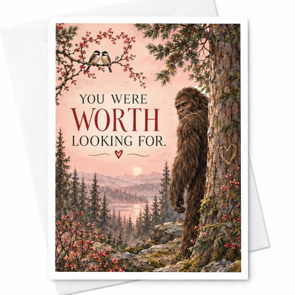 You Were Worth Looking For. Romantic Love Card Bigfoot Illustration Cute Anniversary Card For Him Her Nature Lover C9265