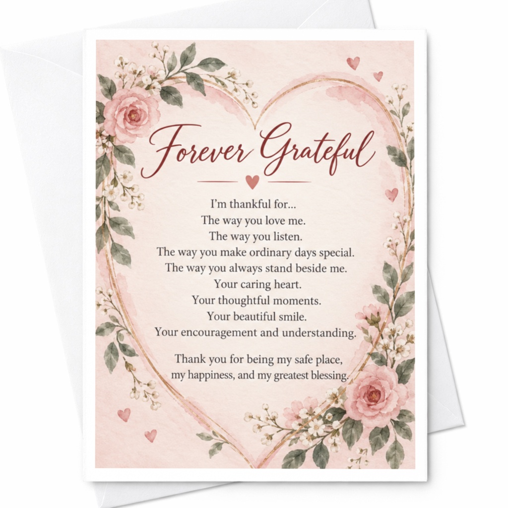 Forever Grateful Thank You Card Floral Heart Romantic Appreciation Card For Her Husband Wife Anniversary C9303