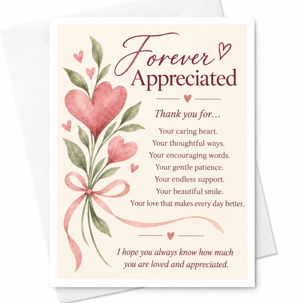 Forever Appreciated Thank You Card Floral Heart Bouquet Appreciation Greeting Card For Her Thoughtful Gratitude Card C9296