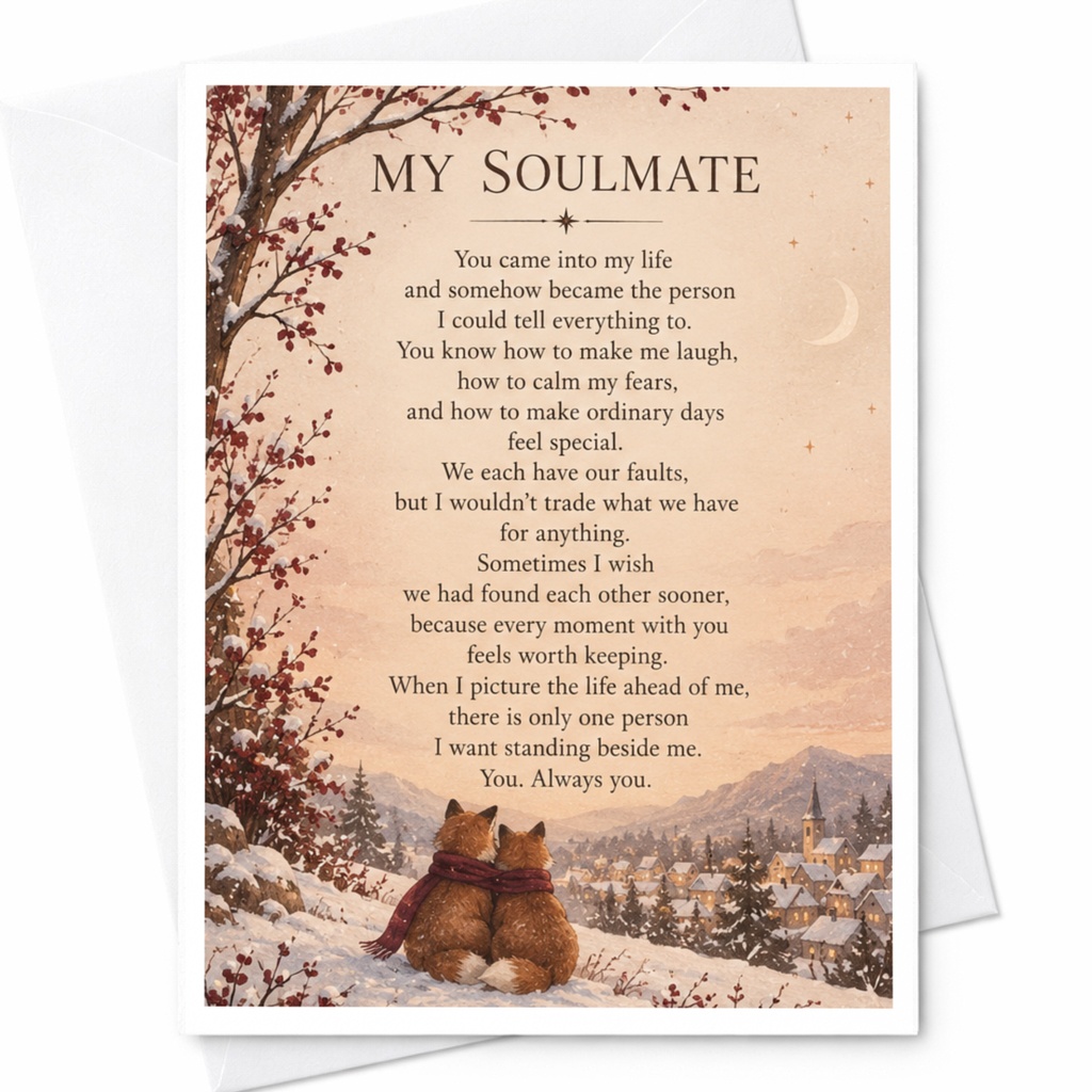 My Soulmate Romantic Anniversary Card For Husband Wife Partner Cute Foxes Winter Scene Love Card Sentimental Greeting C9349