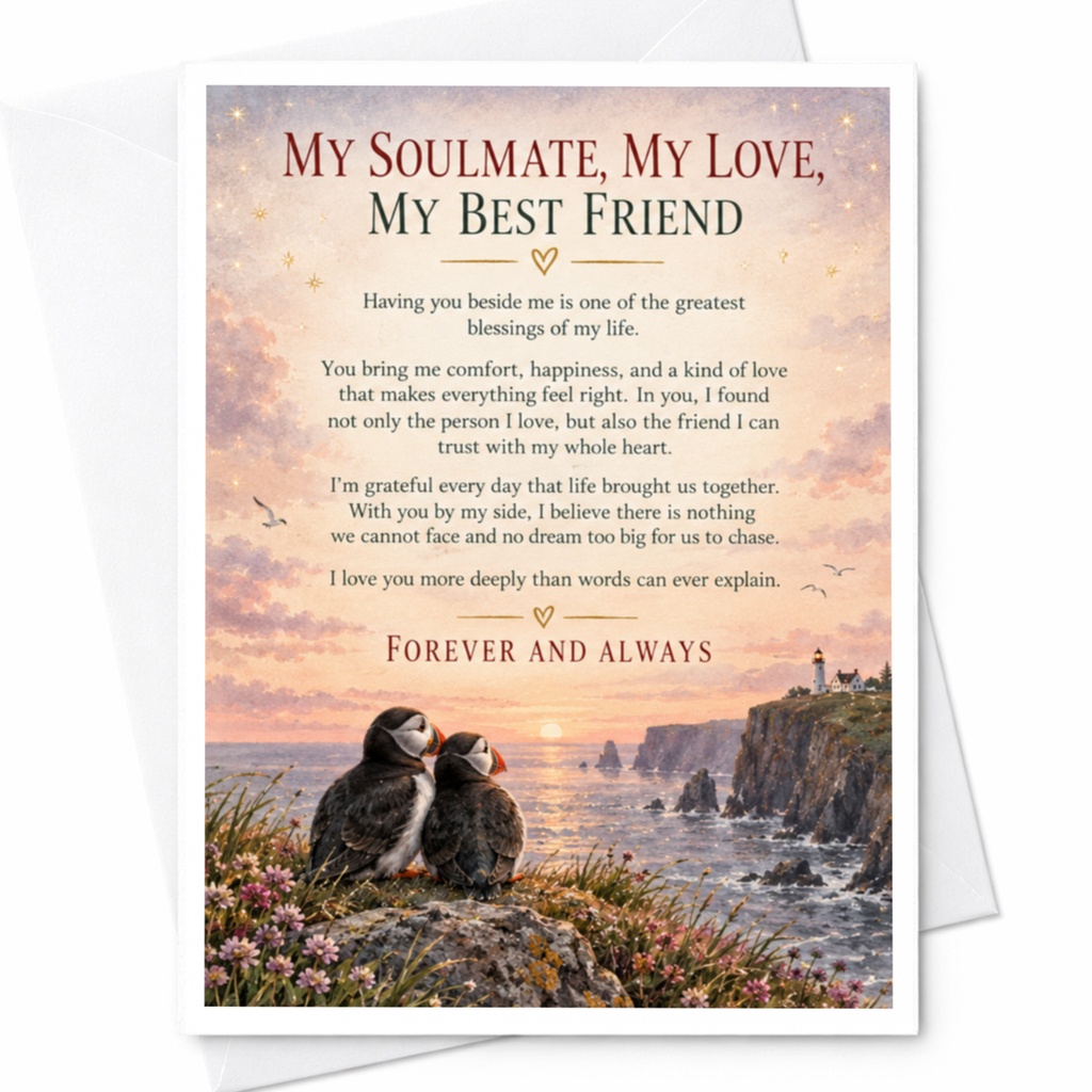 My Soulmate, My Love, My Best Friend Anniversary Card Romantic Greeting Card For Husband Wife Partner Cute Puffins C9364