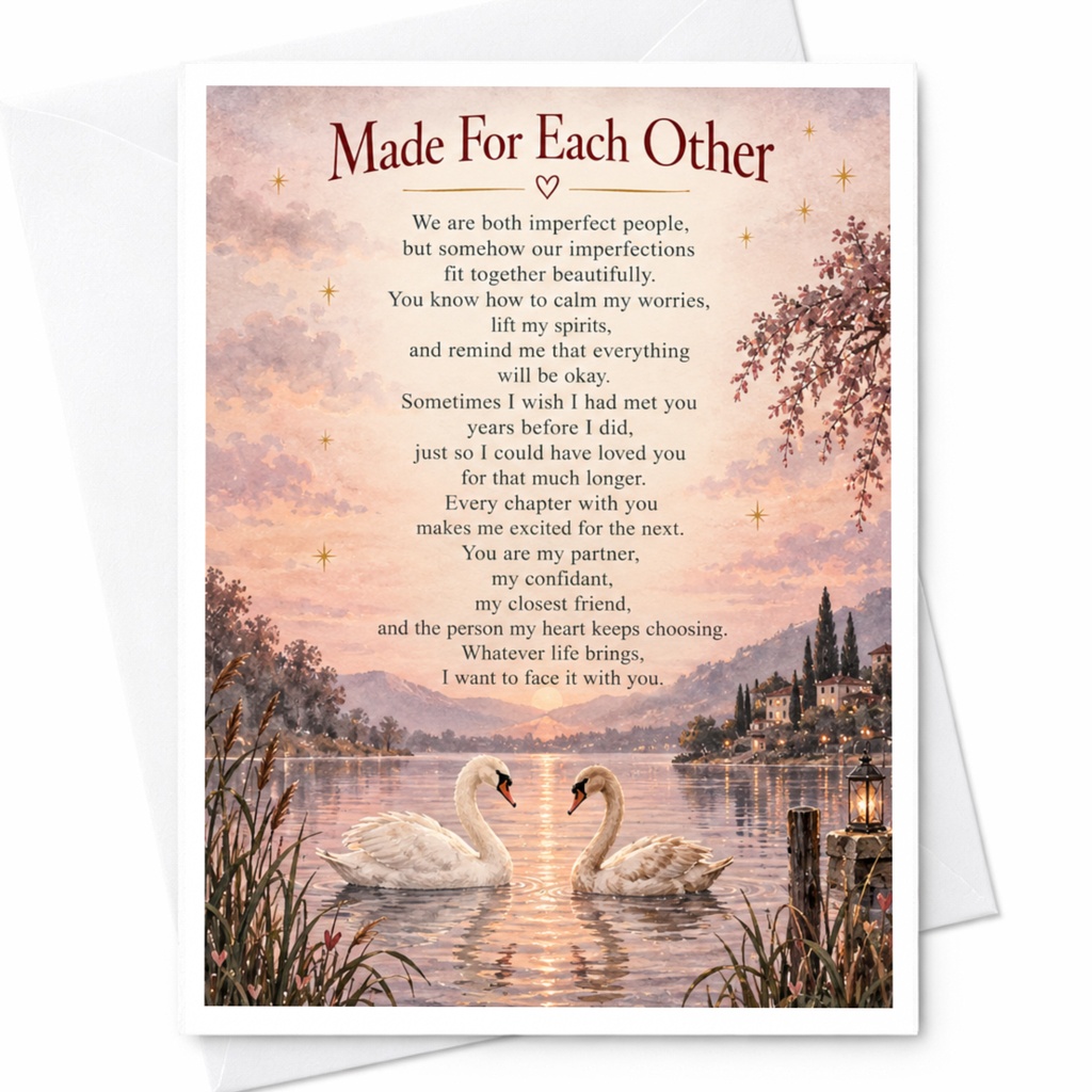Made For Each Other Anniversary Card Romantic Swans On Lake For Partner Wedding Love Card Sentimental Greeting Card C9353