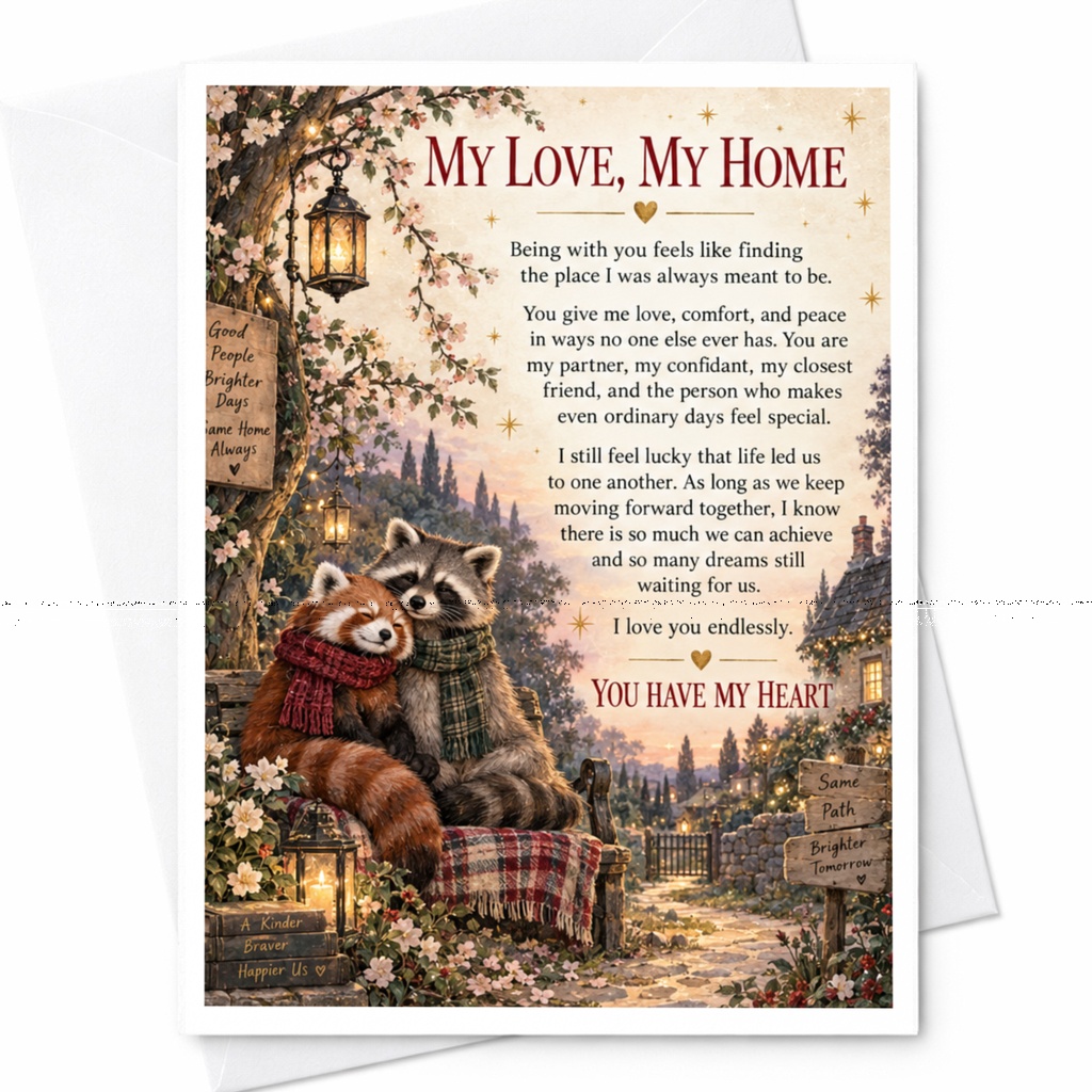 My Love, My Home Romantic Love Card Cute Raccoons With Scarves Anniversary Card For Partner Sentimental Greeting Card C9378