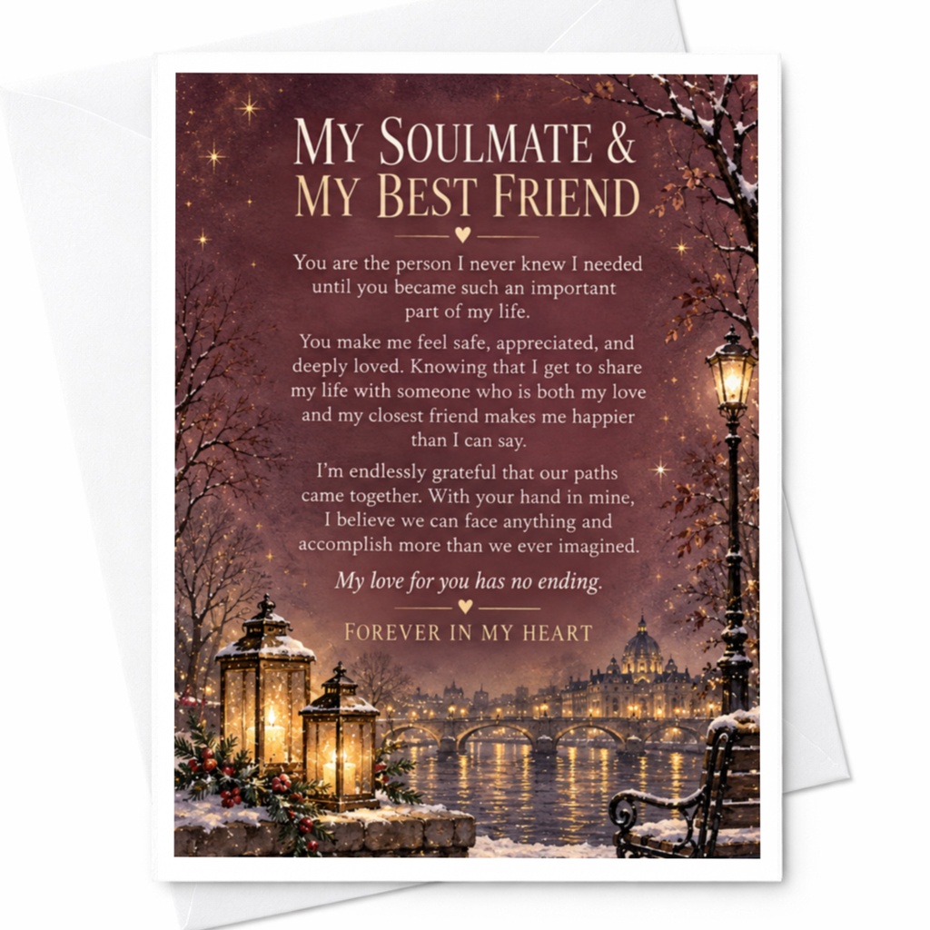 My Soulmate & My Best Friend Romantic Anniversary Card Forever In My Heart Winter Scene For Husband Wife Partner C9370