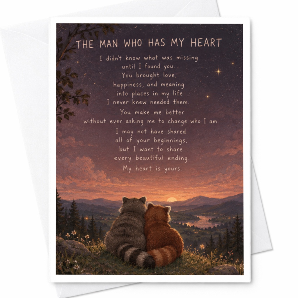 The Man Who Has My Heart Anniversary Card Romantic Greeting Card For Husband Love Card Cute Raccoons Watching Sunset C9394