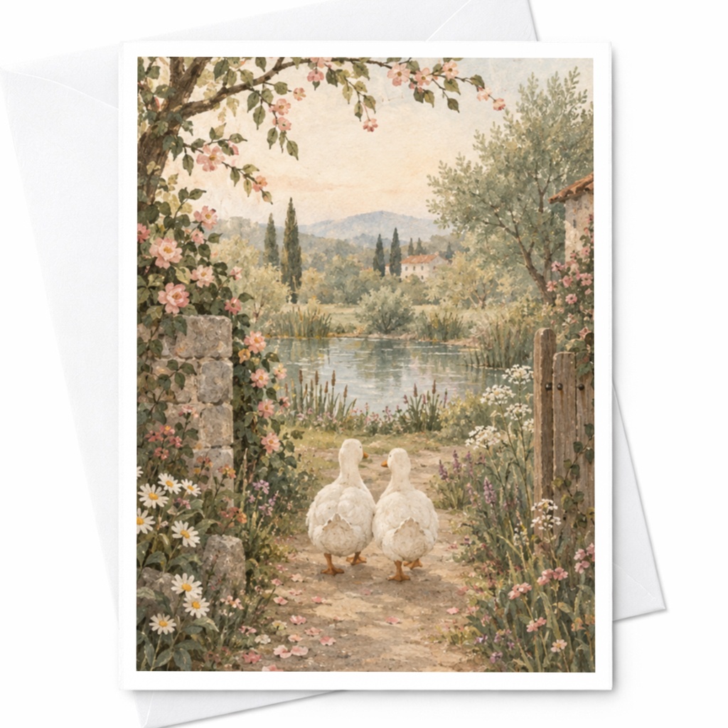 Two Ducks In Floral Garden Blank Greeting Card Romantic Nature Scene For Couple Wedding Anniversary Card Watercolor Art C9407