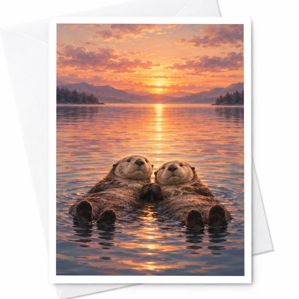 Otter Love Card Romantic Animal Greeting Card Cute Couple Anniversary Card For Her Watercolor Sunset Scene C9415