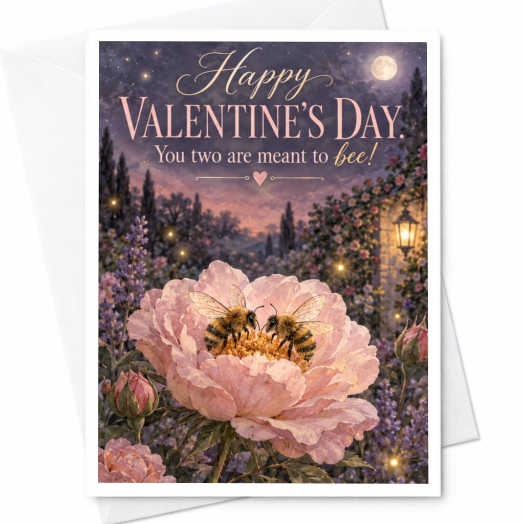 Happy Valentine's Day You Two Are Meant To Bee! Cute Valentine's Day Card Romantic Bees On Flower For Couple Love Card C9422
