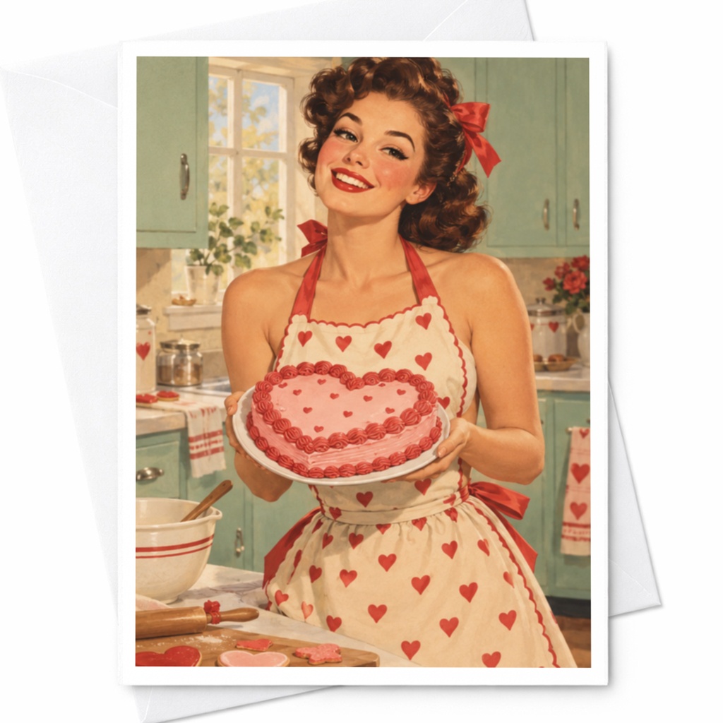 Retro Woman Heart Cake Greeting Card Vintage Style Love Card For Her Cute Everyday Card Romantic Kitchen Illustration C9400