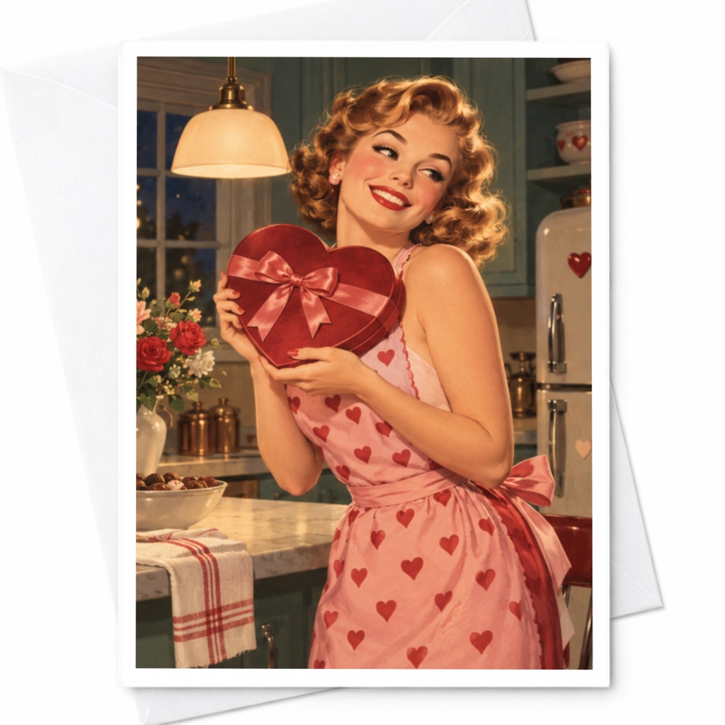 Retro Valentine Card Woman Holding Heart Box Vintage Style Love Greeting Card For Her Romantic Valentine's Day Card C9401