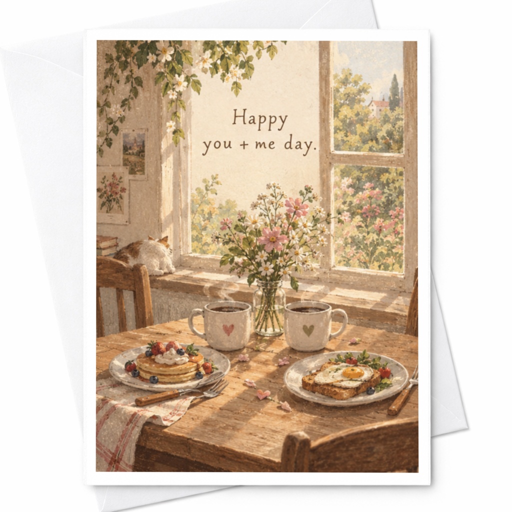 Happy You + Me Day. Anniversary Card Romantic Breakfast Scene For Couple Cute Love Greeting Card Cozy Morning C9402