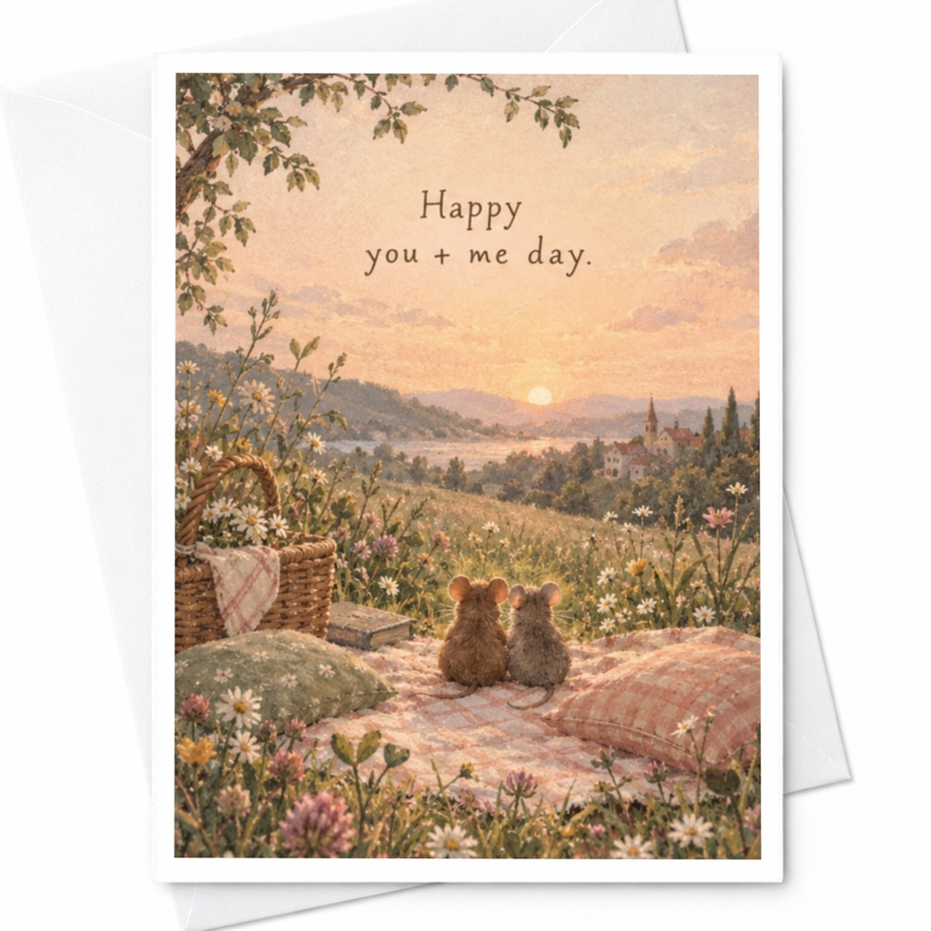 Happy You + Me Day. Anniversary Card Romantic Couple Cute Mice Illustration Love Greeting Card For Him Her Sweet C9403