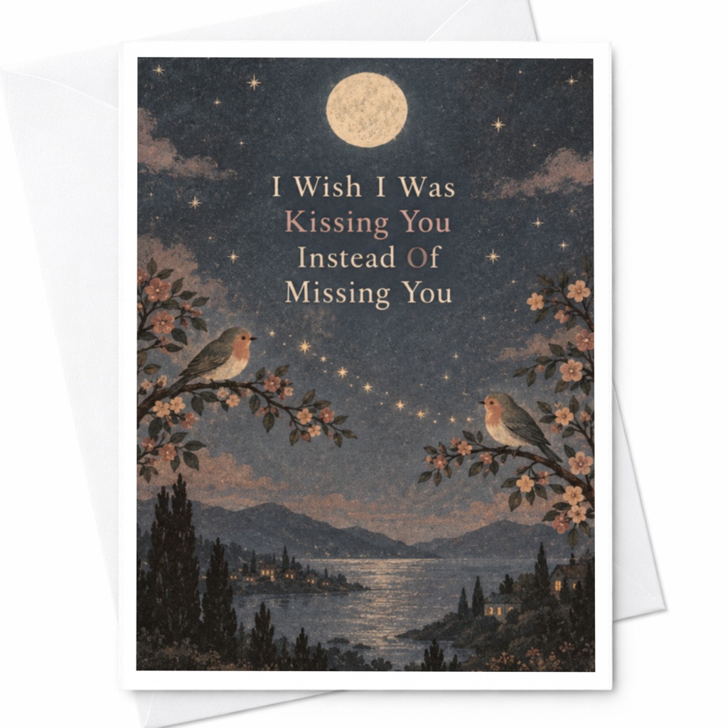 I Wish I Was Kissing You Instead Of Missing You Romantic Card Love Greeting Card For Partner Cute Birds Under Moonlight C9430