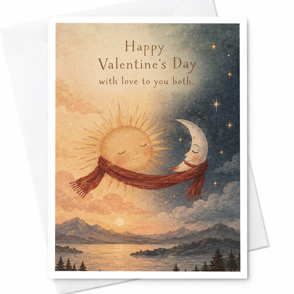 Happy Valentine's Day With Love To You Both. Cute Valentine's Day Card Sun Moon Illustration Romantic Couple Card C9410