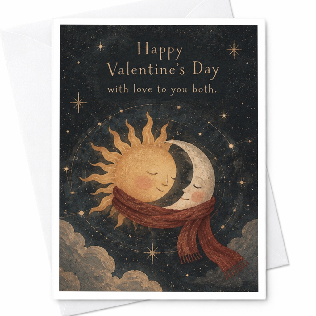 Happy Valentine's Day With Love To You Both. Cute Valentine's Day Card Sun Moon Illustration Romantic Couple Card C9411