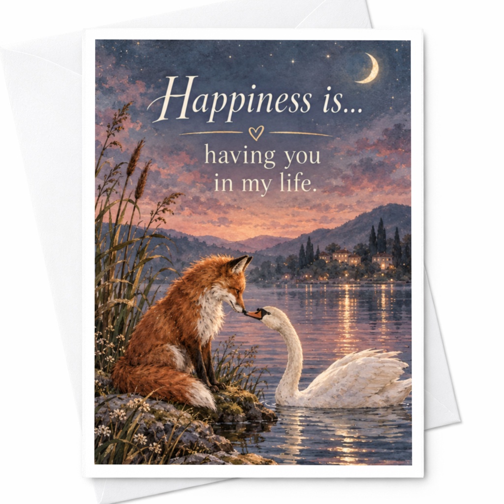 Happiness Is... Having You In My Life. Romantic Greeting Card Love Appreciation Card For Partner Cute Fox Swan Scene C9434
