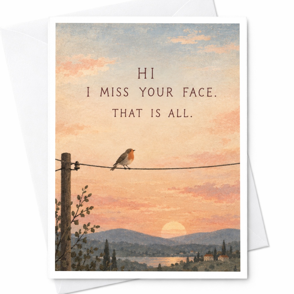 Hi I Miss Your Face. That Is All. Thinking Of You Card Cute Bird Sunset Scene Friendship Greeting Card For Friend C9439