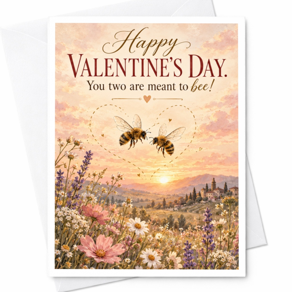 Happy Valentine's Day. You Two Are Meant To Bee! Cute Valentine's Day Card For Couple Romantic Bee Floral Love Card C9421