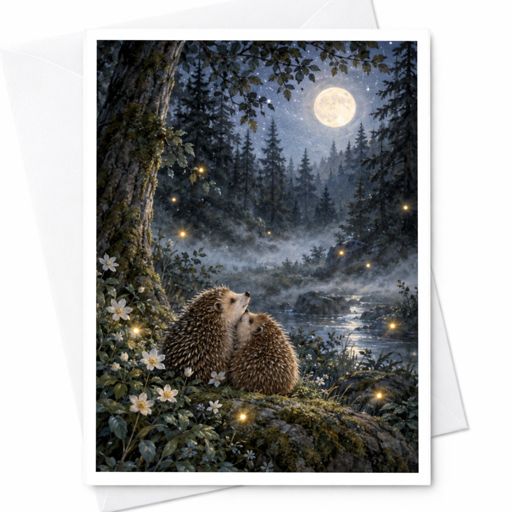 Hedgehogs Under Moonlight Blank Greeting Card Cute Animal Card For Nature Lover Woodland Scene Everyday Card C9426