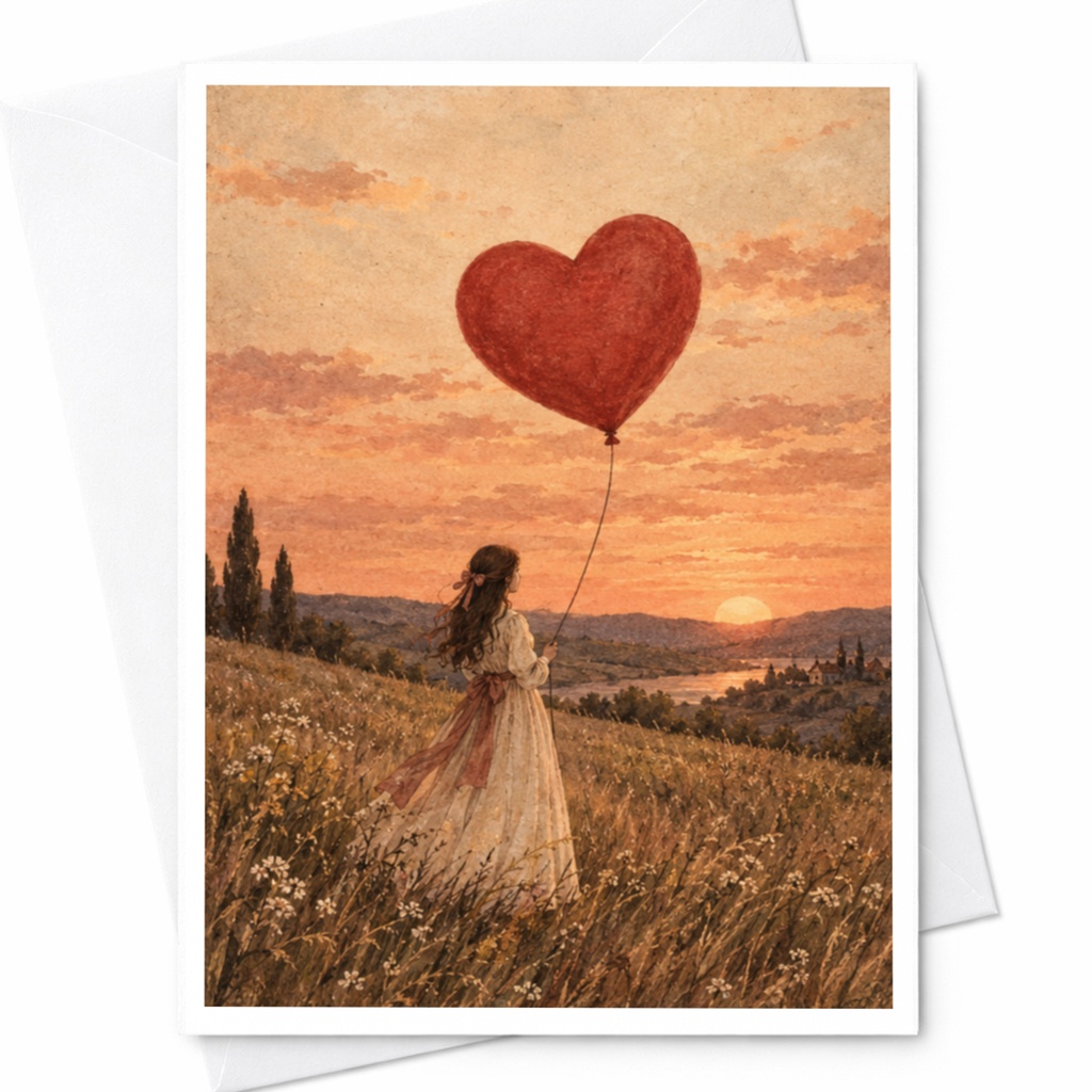 Romantic Love Card Girl With Heart Balloon Sunset Scene Greeting Card For Her Anniversary Card Cute Romantic Card C9431