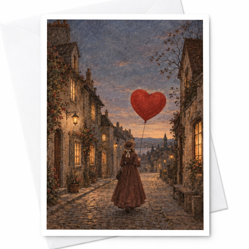 Romantic Heart Balloon Card Vintage Style Greeting Card For Her Love Card Anniversary Card Cute Romantic Scene C9432