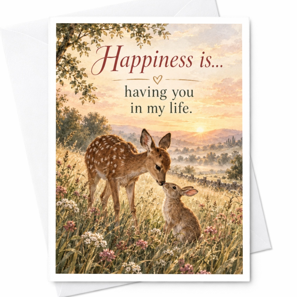 Happiness Is... Having You In My Life. Love And Appreciation Card Cute Animal Greeting Card For Her Romantic Nature Scene C9433
