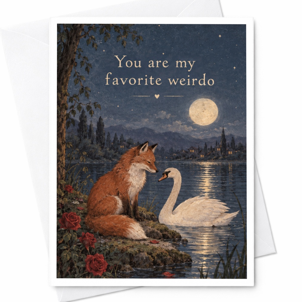 You Are My Favorite Weirdo Love Card Cute Fox Swan Illustration Romantic Greeting Card For Partner Anniversary Card C9435