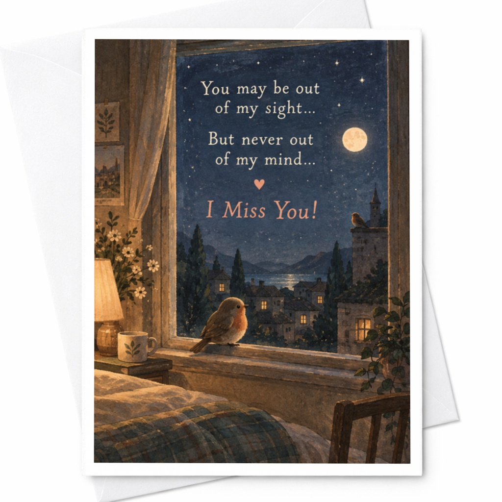 You May Be Out Of My Sight I Miss You Card Thinking Of You Card For Friend Romantic Night Sky Bird Illustration C9459