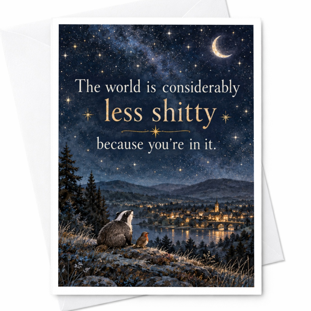 The World Is Considerably Less Shitty Because You're In It Funny Everyday Card Badger Bird Night Sky Cute Friendship Card C9451