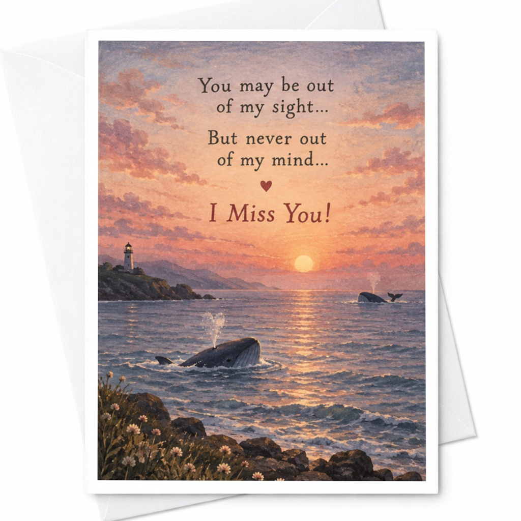 You May Be Out Of My Sight I Miss You Card Thinking Of You Card Whales At Sunset Scenic Ocean View For Loved One C9460
