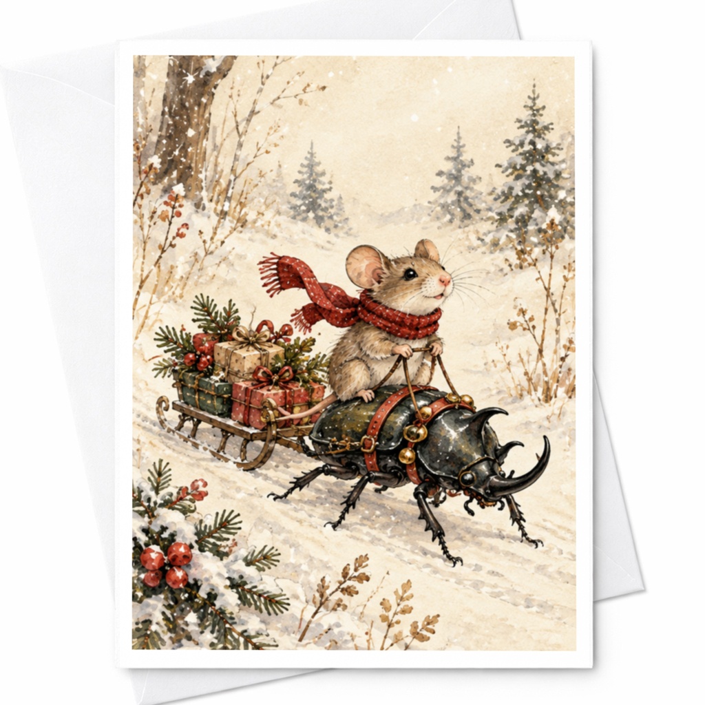 Mouse Riding Beetle Christmas Card Cute Animal Holiday Greeting Card Winter Scene For Kids Woodland Illustration C9467