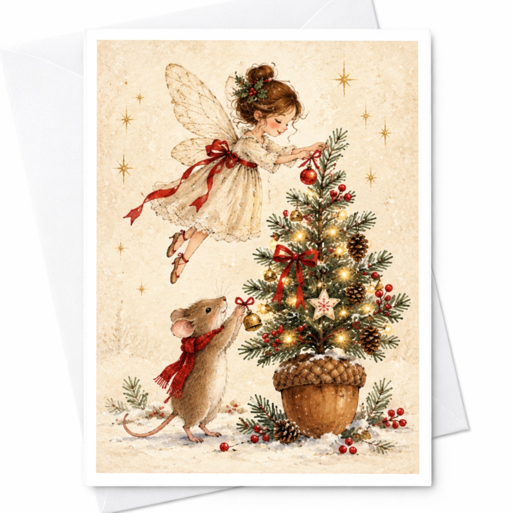 Fairy And Mouse Christmas Card Cute Holiday Greeting Card For Kids Whimsical Christmas Tree Illustration Festive Winter Card C9469
