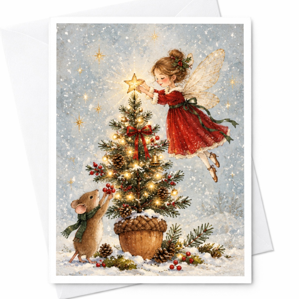 Fairy Decorating Christmas Tree Card Cute Holiday Greeting Card For Kids Magical Winter Scene Christmas Card C9470
