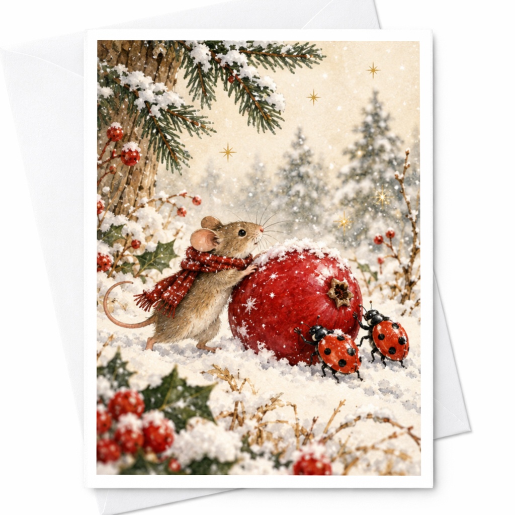 Mouse With Red Ornament Christmas Card Cute Winter Scene Holiday Greeting Card For Animal Lovers Snowy Forest C9475