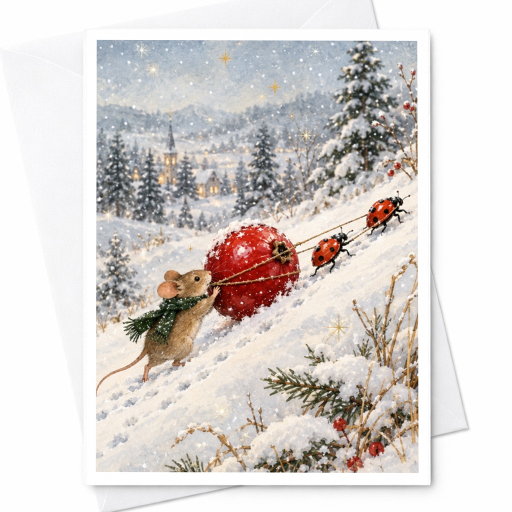 Mouse And Ladybugs Christmas Card Cute Winter Scene Holiday Greeting Card For Animal Lover Festive Snowy Landscape C9476