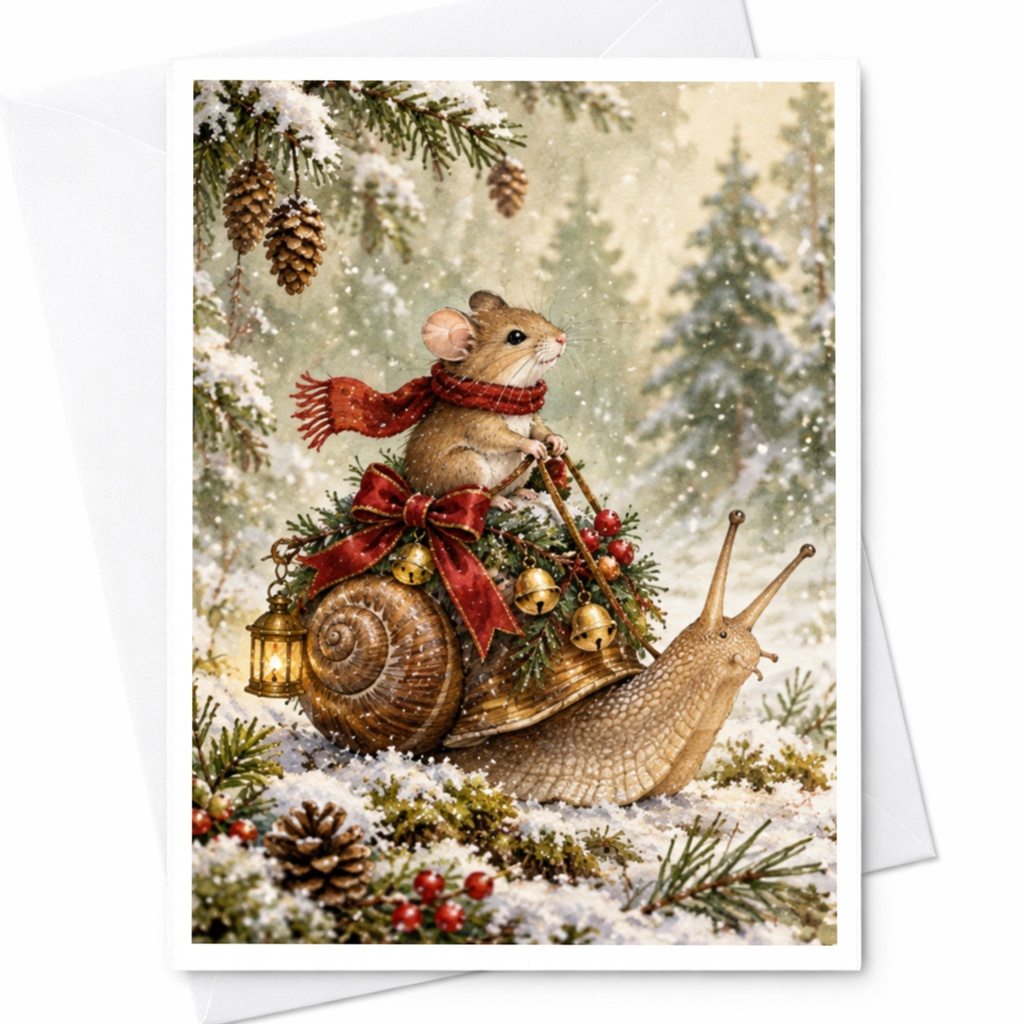 Mouse On Snail Christmas Card Cute Holiday Greeting Card Woodland Animal Winter Scene For Nature Lover Festive Card C9477