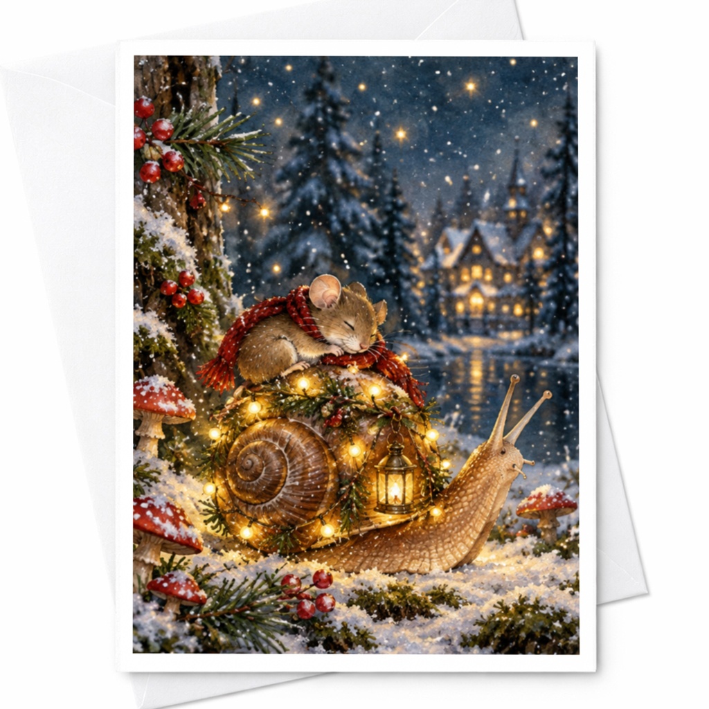Mouse And Snail Christmas Card Cute Winter Scene Greeting Card Holiday Card For Animal Lover Cozy Festive Card With Lights C9478