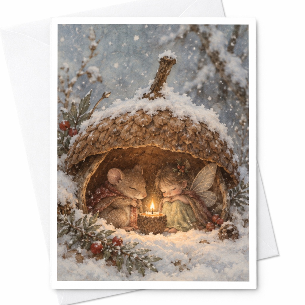 Mouse And Fairy Winter Card Blank Greeting Card Cozy Woodland Scene Cute Animal Card For Nature Lover Whimsical Art Card C9480