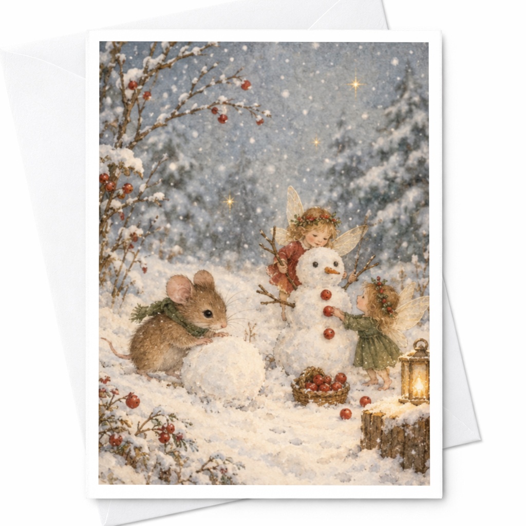Mouse And Fairies Snowman Christmas Card Cute Winter Scene Holiday Greeting Card For Kids Whimsical Animal Art C9484