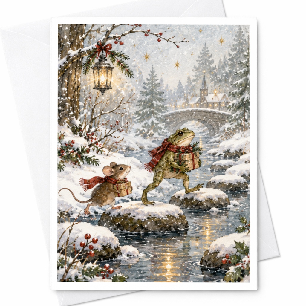 Frog And Mouse Christmas Card Cute Animal Holiday Greeting Card Winter Wonderland Scene For Nature Lover Festive Card C9486