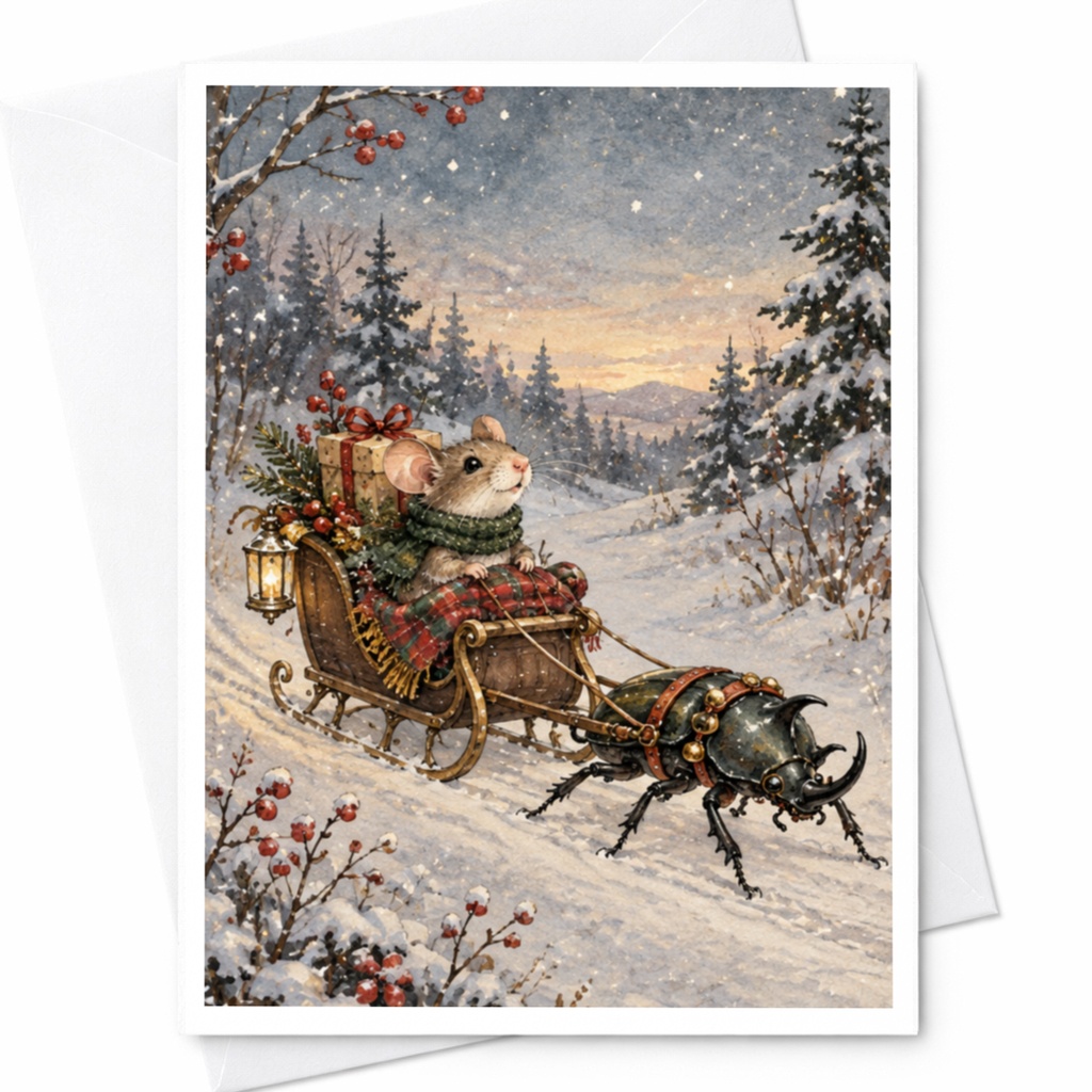 Mouse In Sleigh Christmas Card Cute Winter Scene Holiday Greeting Card For Animal Lover Festive Snowy Landscape Art C9468