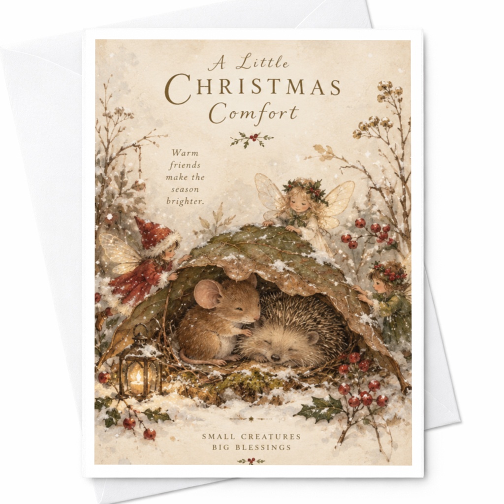 A Little Christmas Comfort Woodland Creatures Christmas Card Cute Holiday Greeting Card Fairy Illustration Winter Wishes C9487