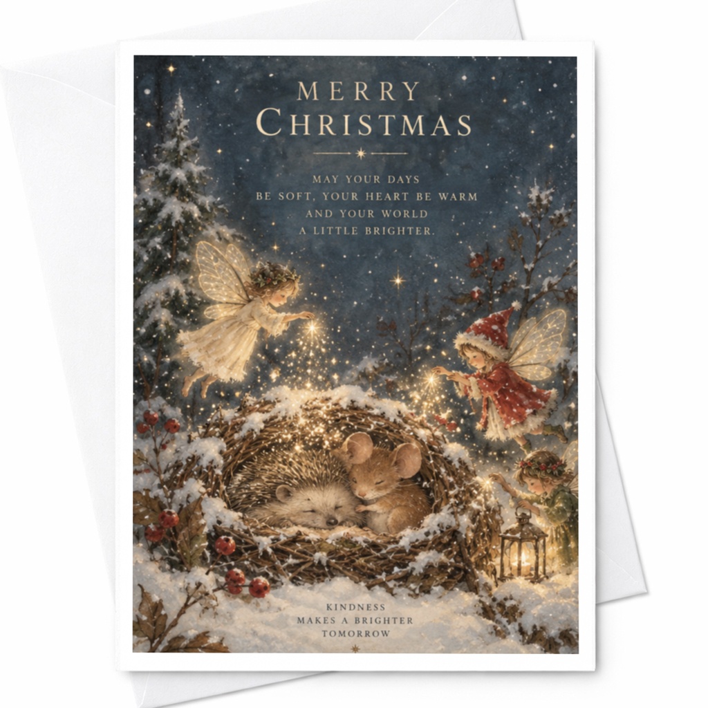 Merry Christmas May Your Days Be Soft Heart Warm World Brighter Christmas Card Fairies Hedgehog Mouse Cute Holiday Card C9488