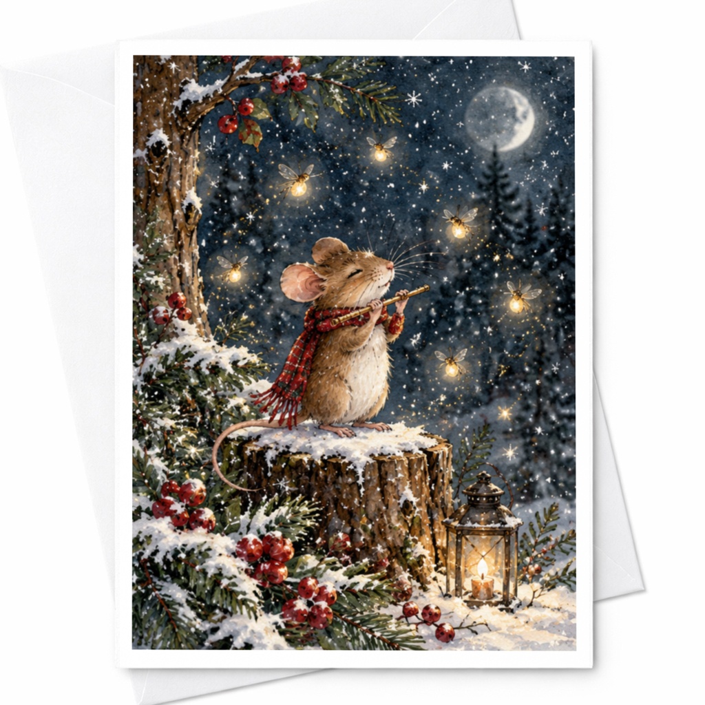 Mouse Playing Flute Christmas Card Winter Forest Scene Cute Animal Greeting Card Holiday Card For Nature Lover C9489
