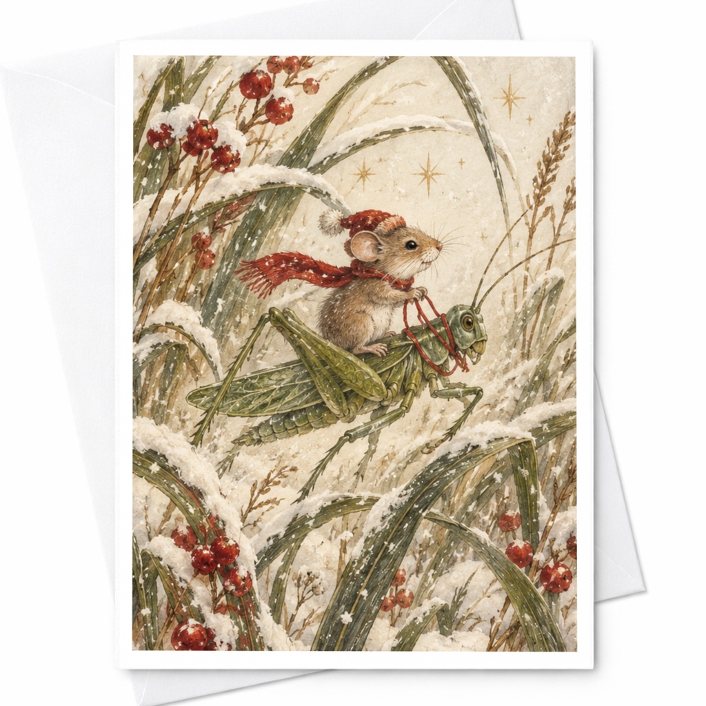 Mouse Riding Grasshopper Christmas Card Cute Winter Scene Greeting Card For Animal Lover Holiday Card Whimsical Art C9471