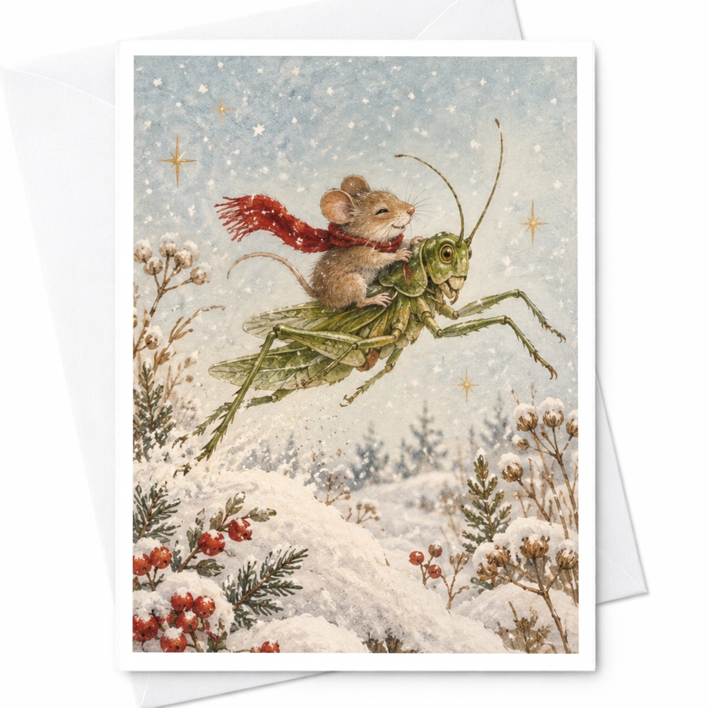 Mouse Riding Grasshopper Winter Card Blank Greeting Card Cute Animal Illustration For Nature Lover Whimsical Art Card C9472