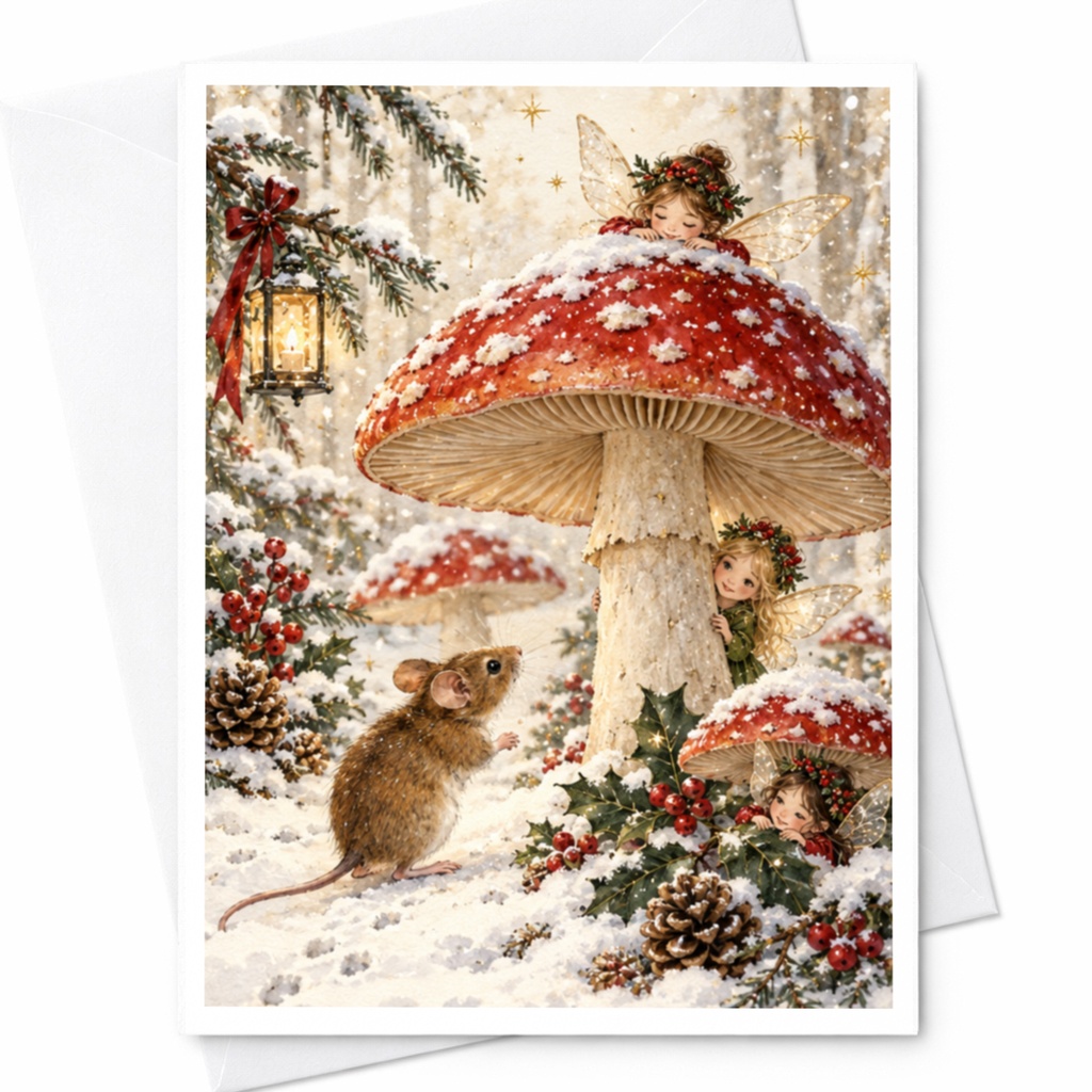 Fairy And Mouse Winter Scene Christmas Card Cute Holiday Greeting Card Whimsical Snowy Forest Illustration For Kids Family C9473