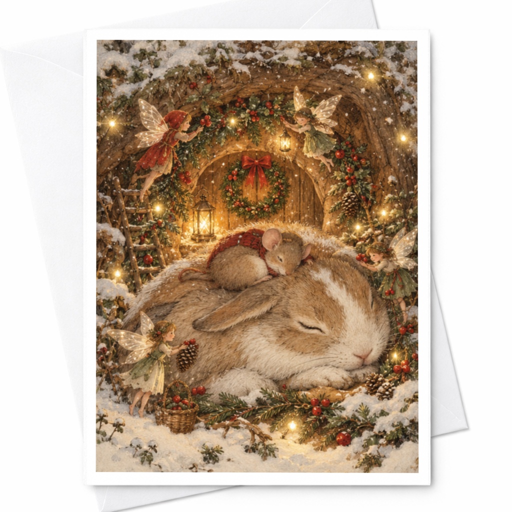 Bunny And Mouse Christmas Card Winter Scene With Fairies Cute Holiday Greeting Card Woodland Animal Lovers C9493