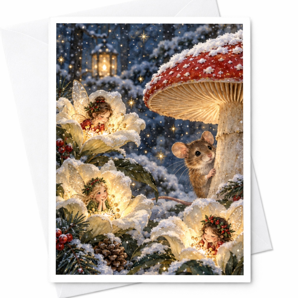 Fairy Tale Christmas Card Enchanted Winter Scene With Mouse And Fairies Magical Holiday Greeting Card For Kids And Family C9474